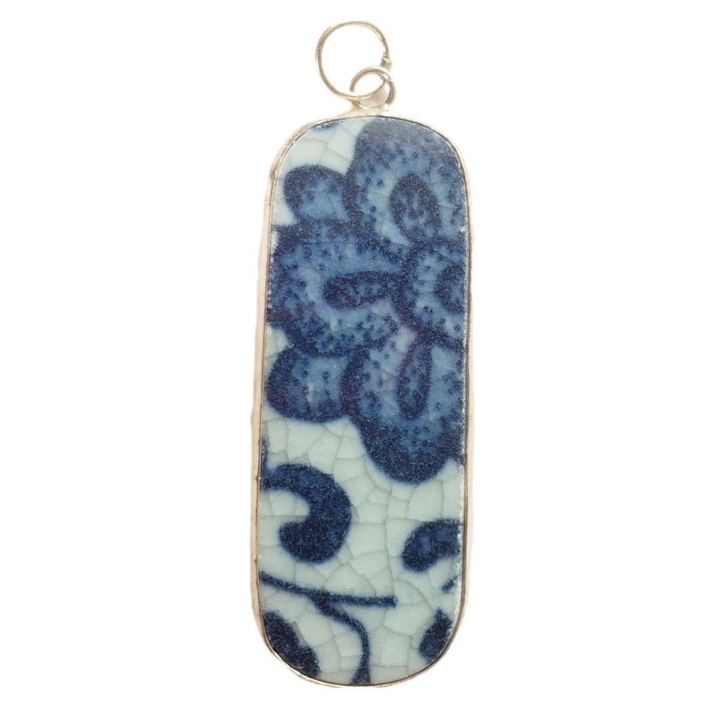 Ming Blue & White Floral Pottery Shard Pendant Chinoiserie Crackle Glaze Jewelry